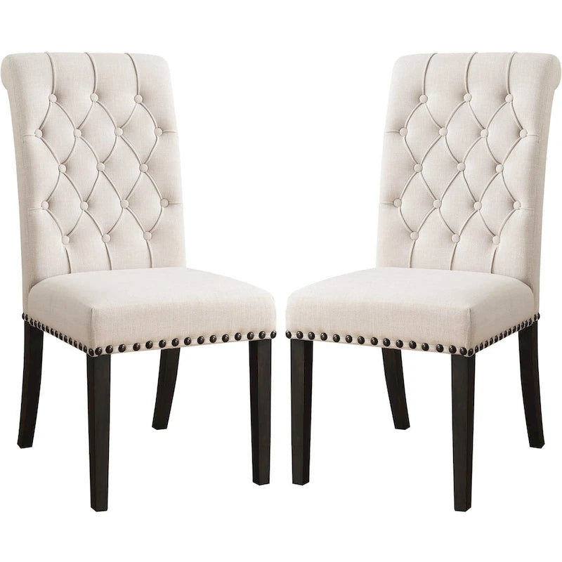Ivory High-Back Button Tufted Dining Chair with Nailhead Trim, Set of 2