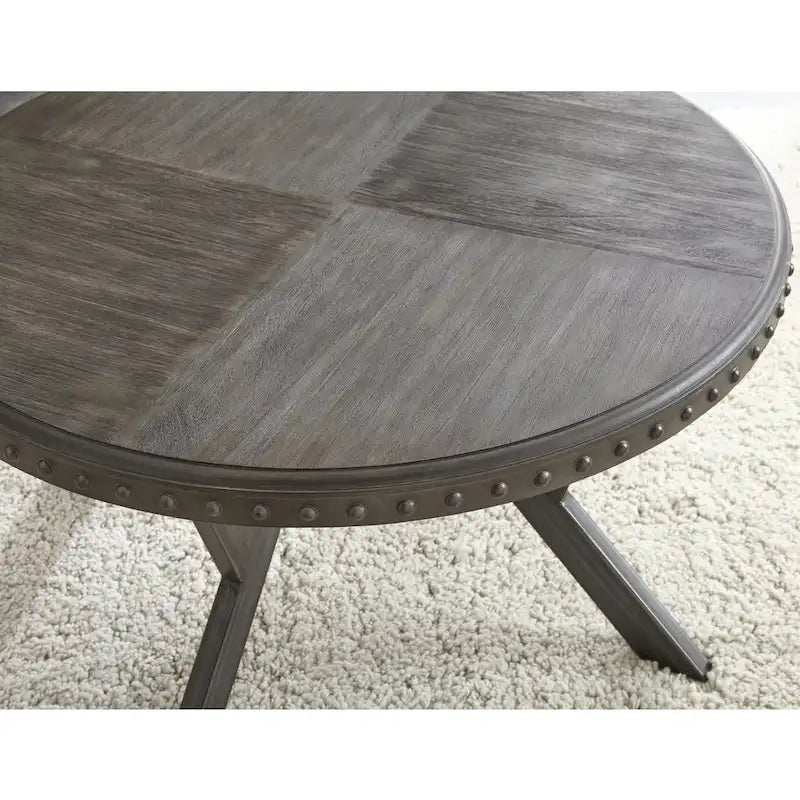 Round Dark Wood Coffee Table with X-Base and Nailhead Trim, 36D x 18H in