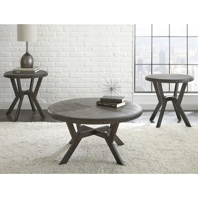 Round Dark Wood Coffee Table with X-Base and Nailhead Trim, 36D x 18H in