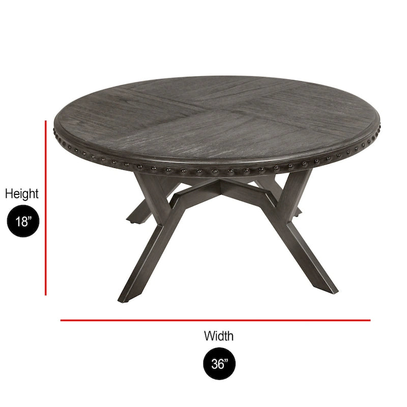 Round Dark Wood Coffee Table with X-Base and Nailhead Trim, 36D x 18H in