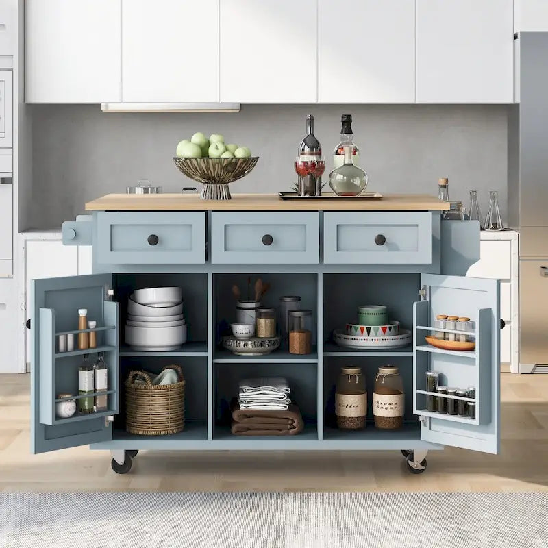 Kitchen Island on 5 Wheels with Storage Cabinet and 3 Drawers