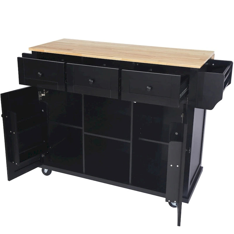 Kitchen Island on 5 Wheels with Storage Cabinet and 3 Drawers