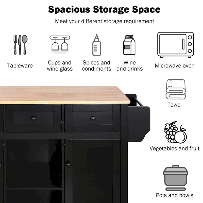 Kitchen Island on 5 Wheels with Storage Cabinet and 3 Drawers