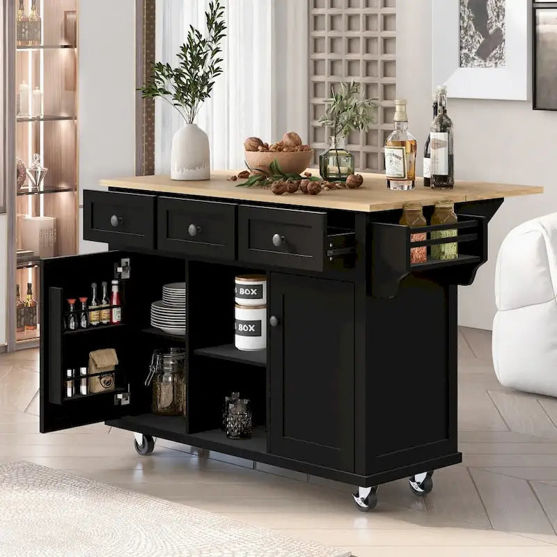 Kitchen Island on 5 Wheels with Storage Cabinet and 3 Drawers