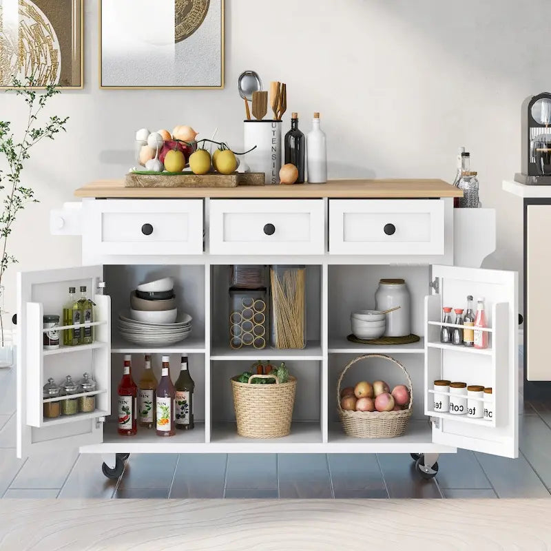 Kitchen Island on 5 Wheels with Storage Cabinet and 3 Drawers