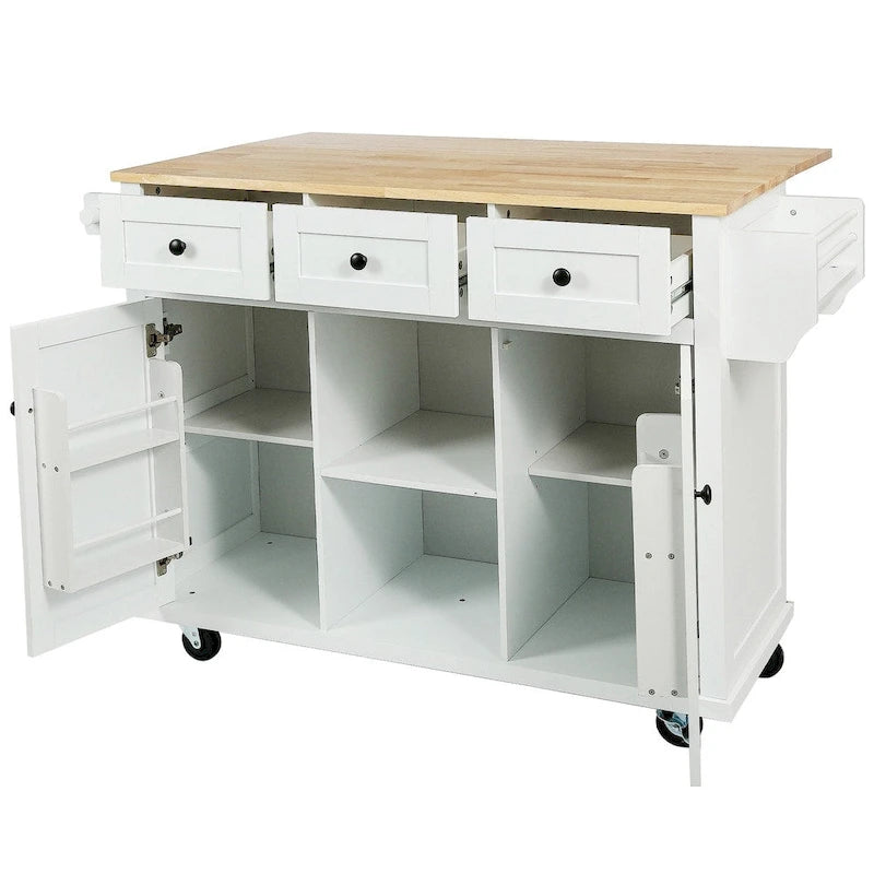 Kitchen Island on 5 Wheels with Storage Cabinet and 3 Drawers