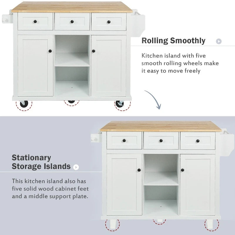 Kitchen Island on 5 Wheels with Storage Cabinet and 3 Drawers