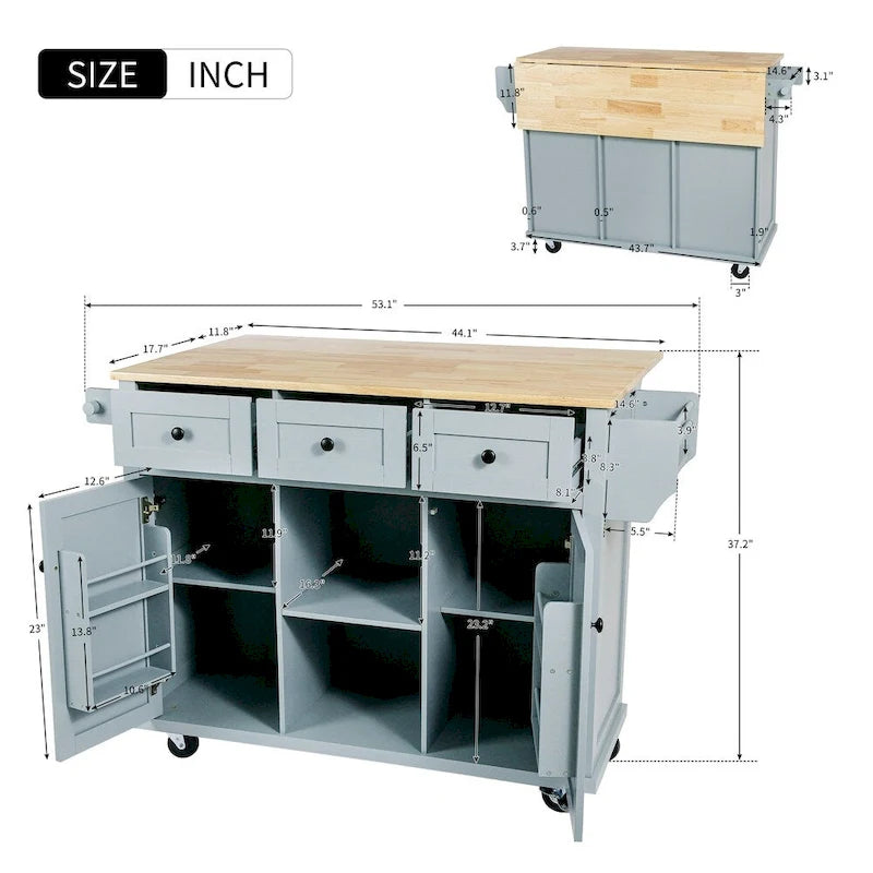 Kitchen Island on 5 Wheels with Storage Cabinet and 3 Drawers