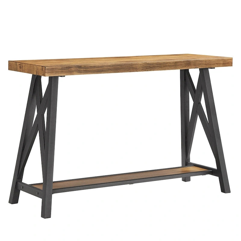 Rustic X-Base Sofa Entryway Table with Lower Shelf, Industrial Style