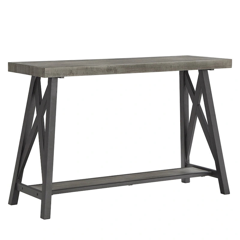 Rustic X-Base Sofa Entryway Table with Lower Shelf, Industrial Style