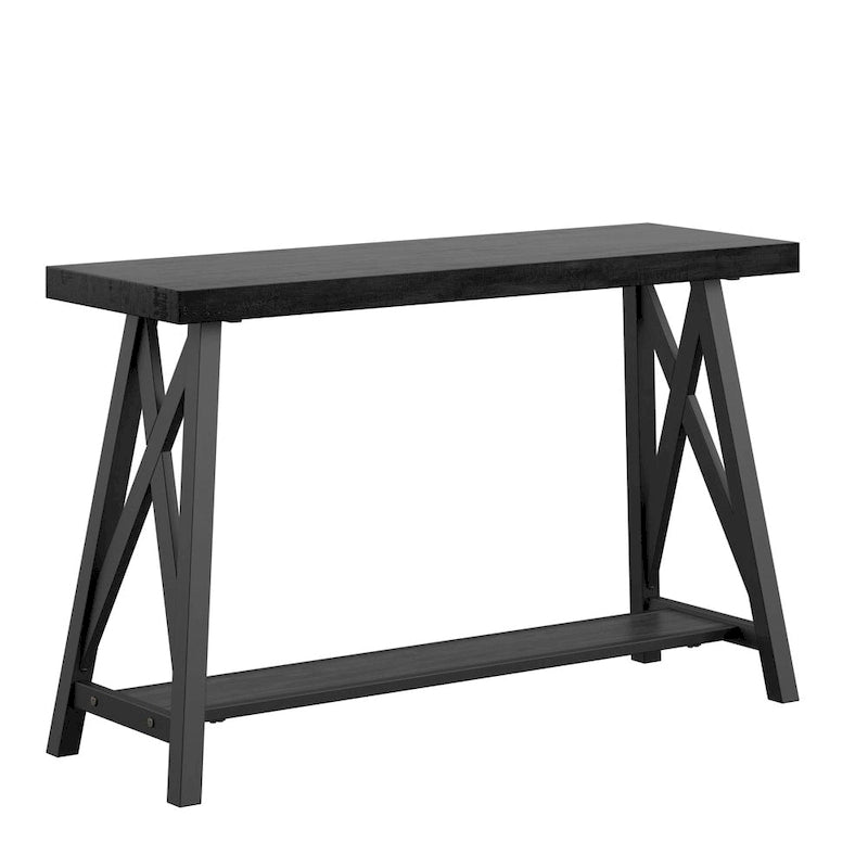 Rustic X-Base Sofa Entryway Table with Lower Shelf, Industrial Style