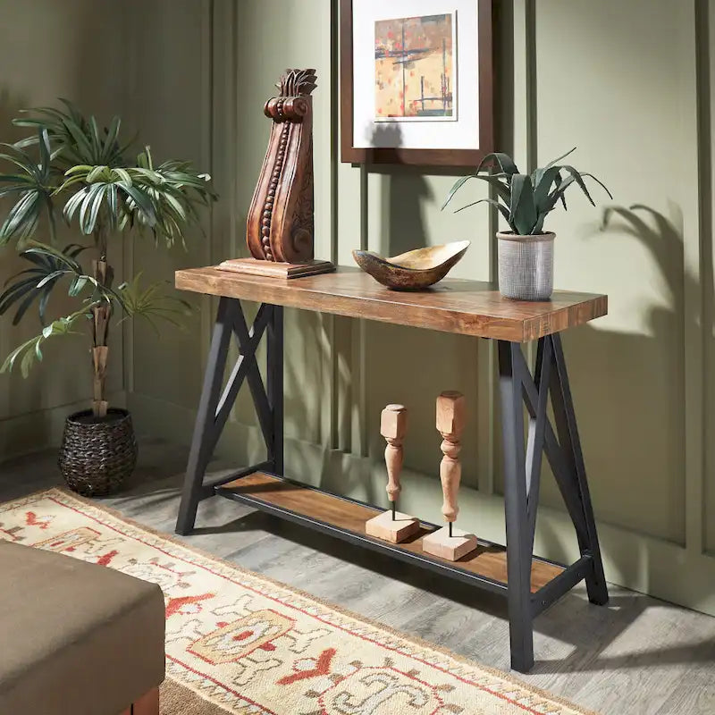 Rustic X-Base Sofa Entryway Table with Lower Shelf, Industrial Style