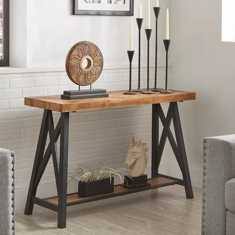 Rustic X-Base Sofa Entryway Table with Lower Shelf, Industrial Style