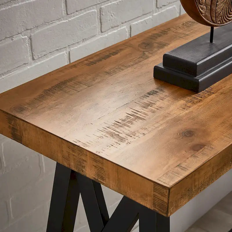 Rustic X-Base Sofa Entryway Table with Lower Shelf, Industrial Style
