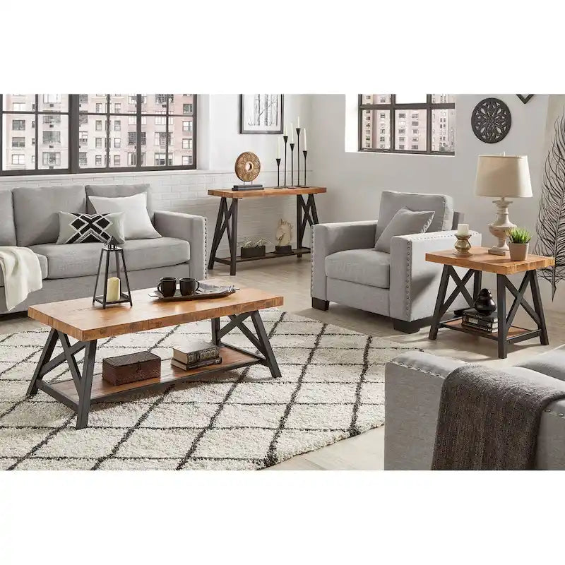 Rustic X-Base Sofa Entryway Table with Lower Shelf, Industrial Style