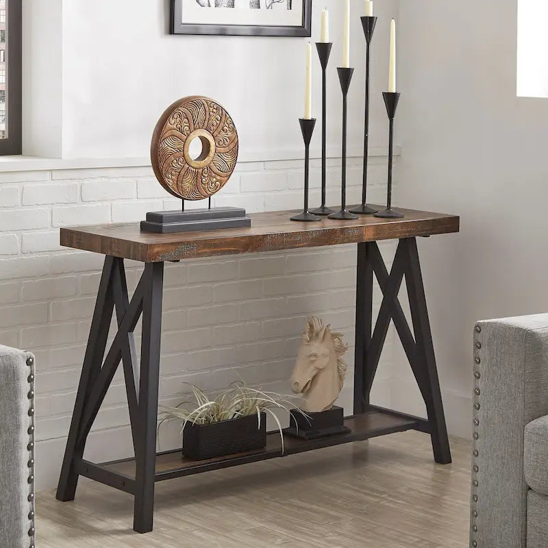 Rustic X-Base Sofa Entryway Table with Lower Shelf, Industrial Style