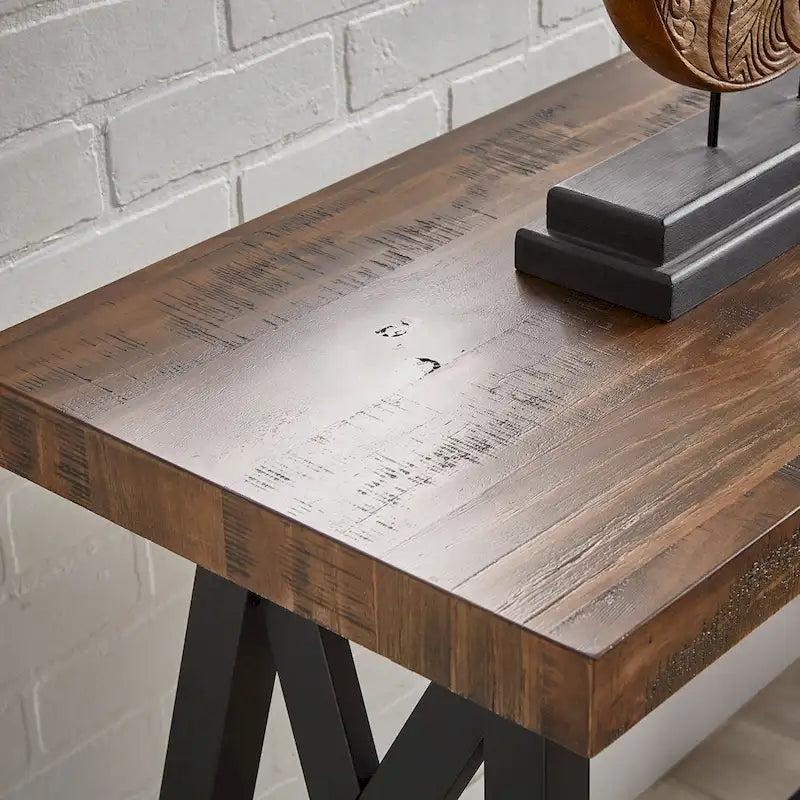 Rustic X-Base Sofa Entryway Table with Lower Shelf, Industrial Style
