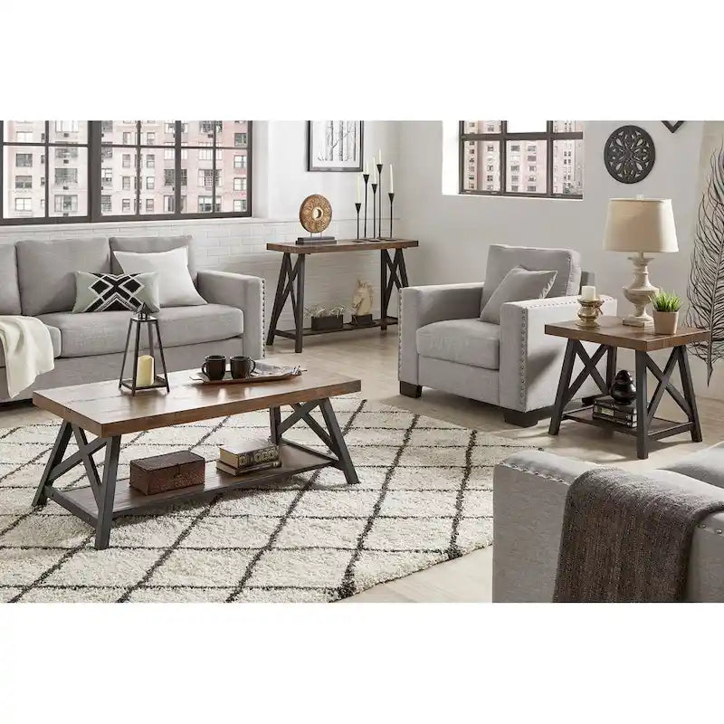 Rustic X-Base Sofa Entryway Table with Lower Shelf, Industrial Style