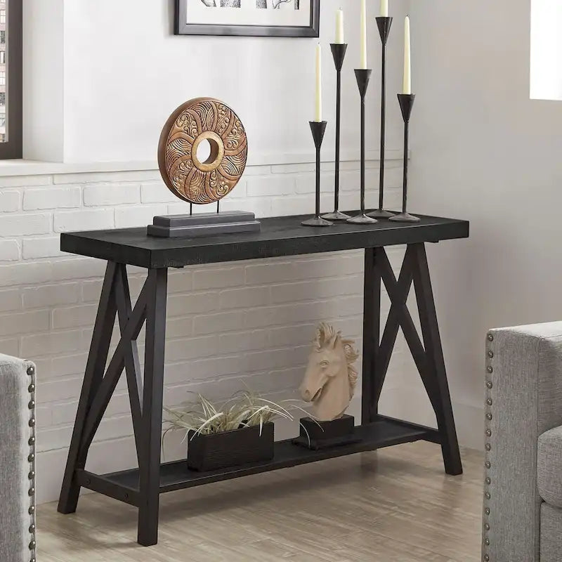 Rustic X-Base Sofa Entryway Table with Lower Shelf, Industrial Style