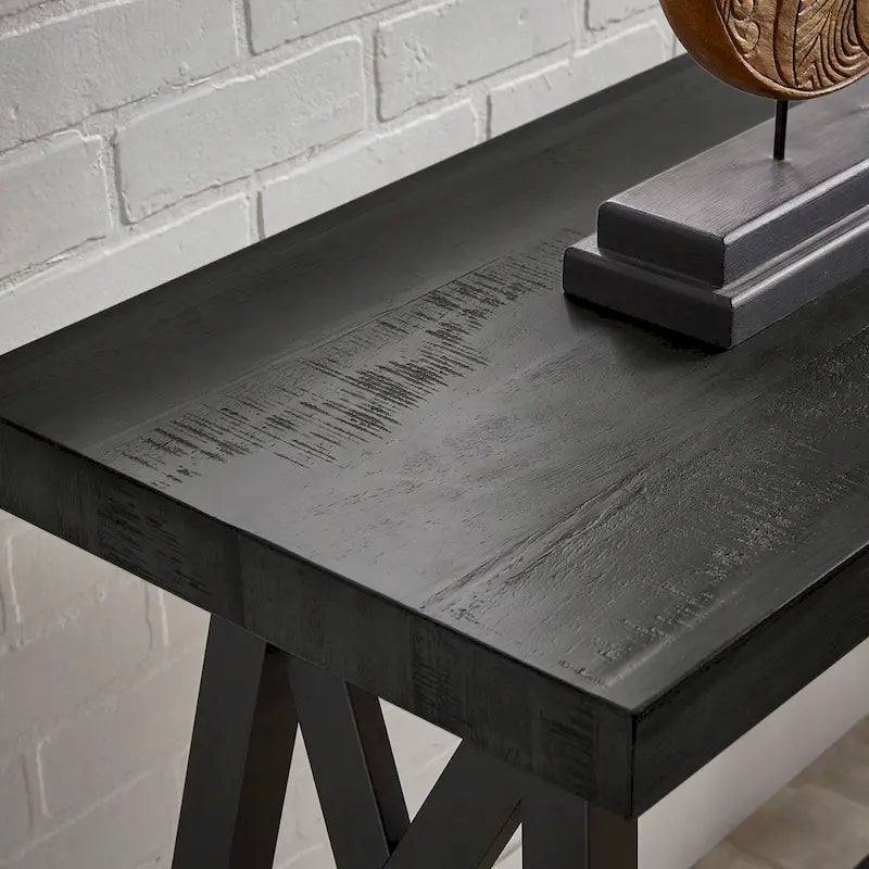 Rustic X-Base Sofa Entryway Table with Lower Shelf, Industrial Style