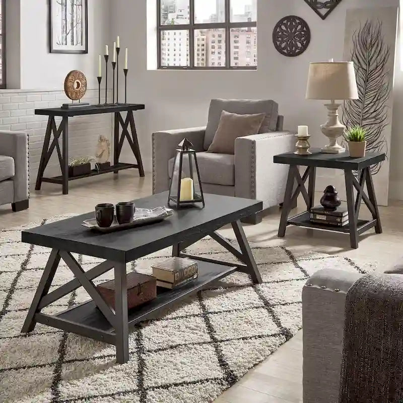 Rustic X-Base Sofa Entryway Table with Lower Shelf, Industrial Style