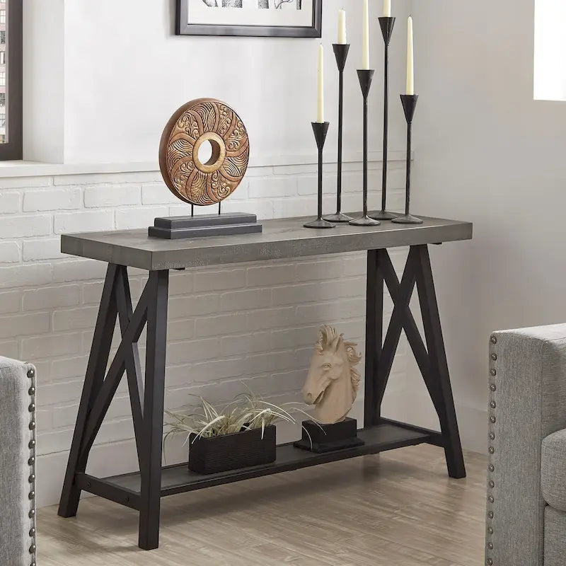 Rustic X-Base Sofa Entryway Table with Lower Shelf, Industrial Style