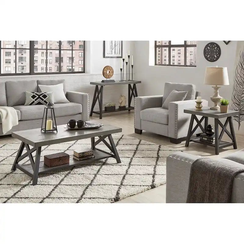 Rustic X-Base Sofa Entryway Table with Lower Shelf, Industrial Style