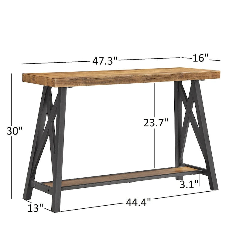 Rustic X-Base Sofa Entryway Table with Lower Shelf, Industrial Style