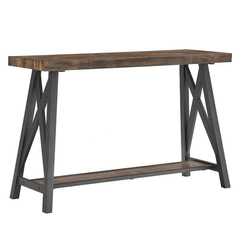 Rustic X-Base Sofa Entryway Table with Lower Shelf, Industrial Style