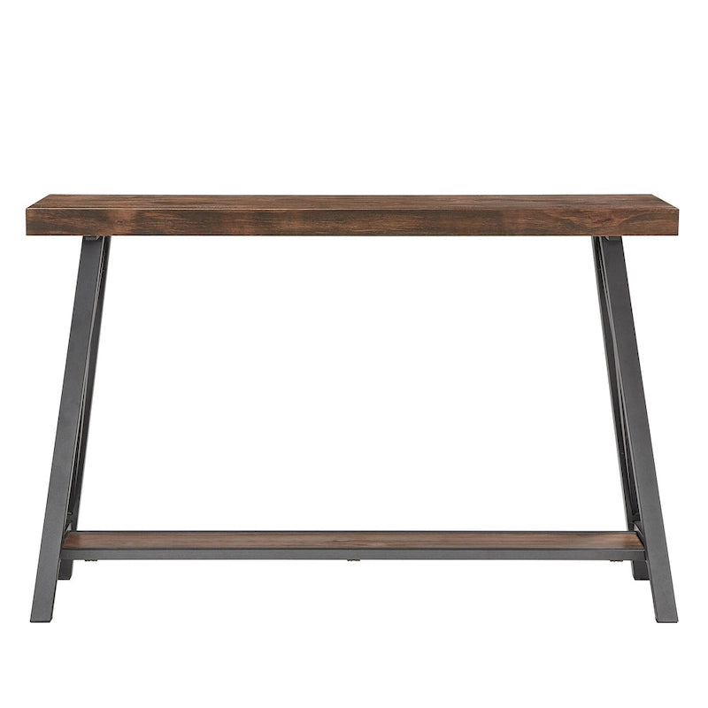 Rustic X-Base Sofa Entryway Table with Lower Shelf, Industrial Style