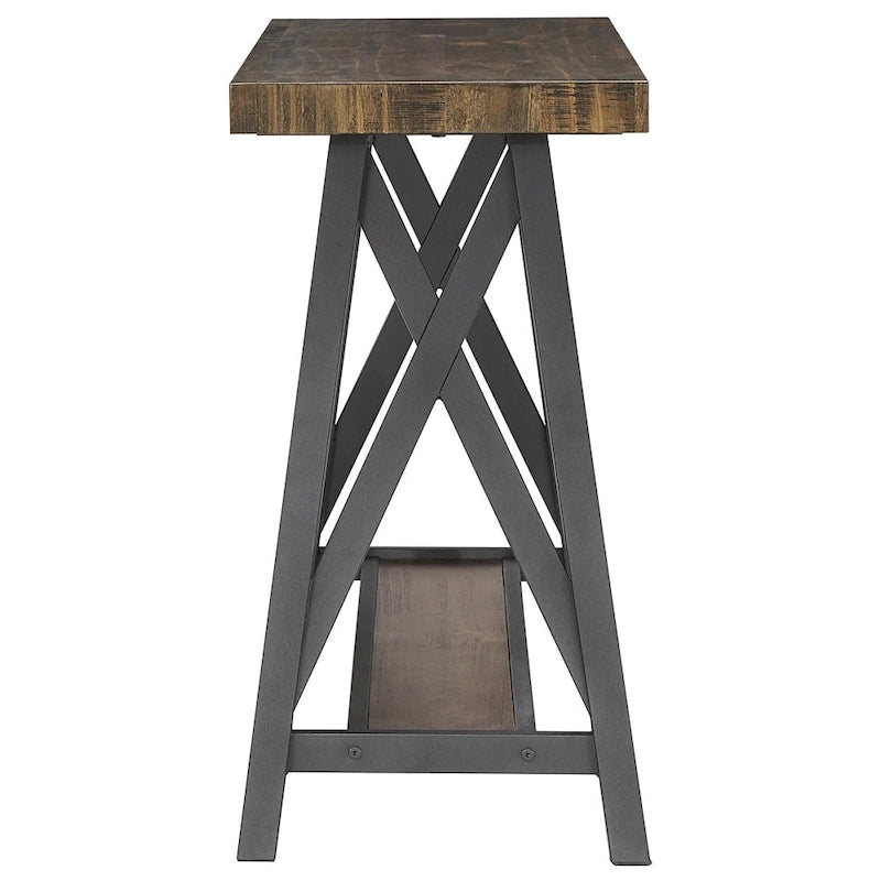 Rustic X-Base Sofa Entryway Table with Lower Shelf, Industrial Style