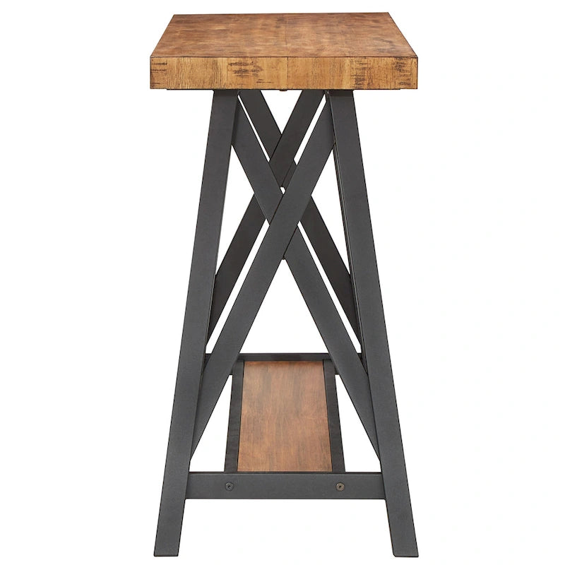 Rustic X-Base Sofa Entryway Table with Lower Shelf, Industrial Style