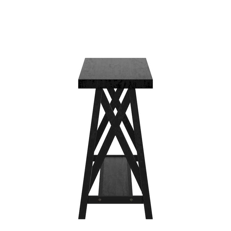 Rustic X-Base Sofa Entryway Table with Lower Shelf, Industrial Style