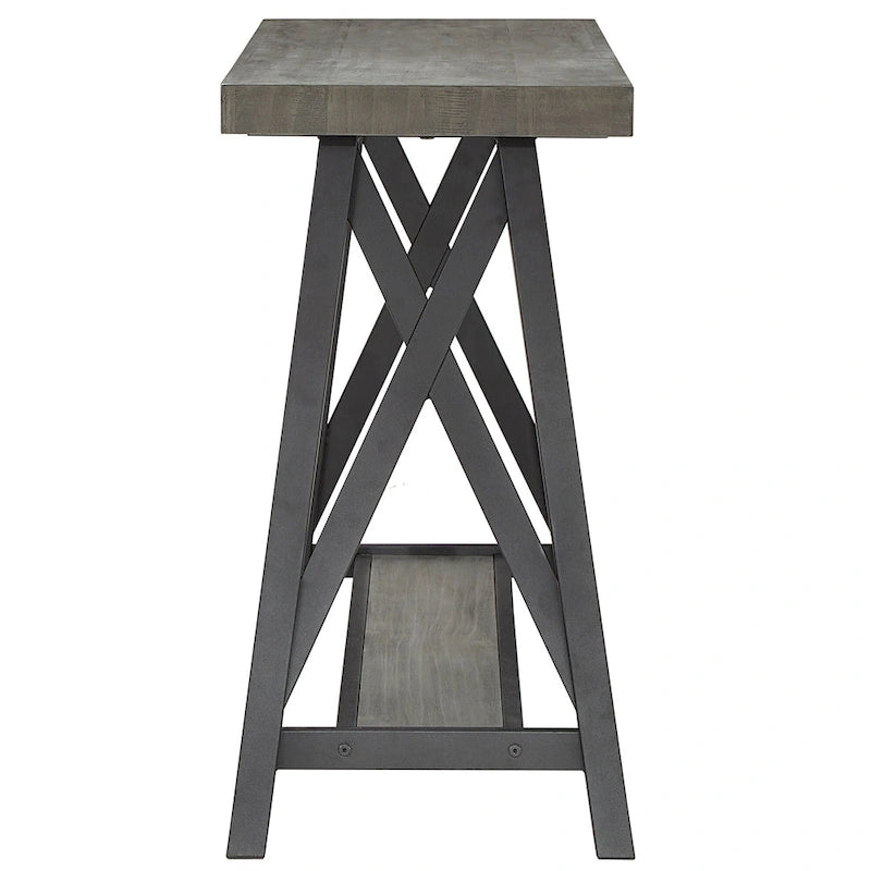 Rustic X-Base Sofa Entryway Table with Lower Shelf, Industrial Style