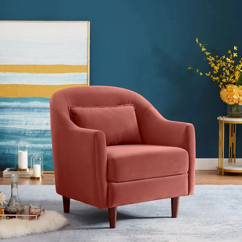 28.34 in. Velvet Barrel Accent Armchair with Solid Wood Legs