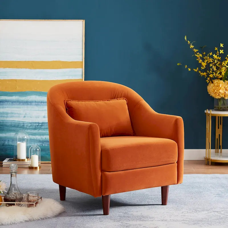 28.34 in. Velvet Barrel Accent Armchair with Solid Wood Legs