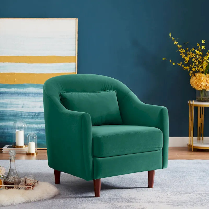 28.34 in. Velvet Barrel Accent Armchair with Solid Wood Legs