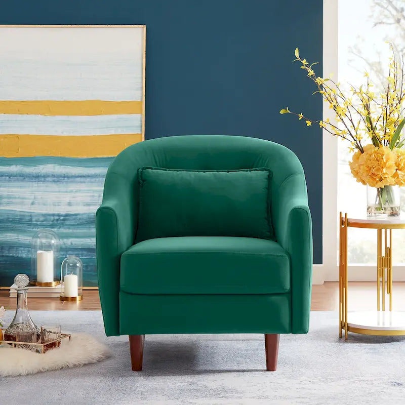 28.34 in. Velvet Barrel Accent Armchair with Solid Wood Legs