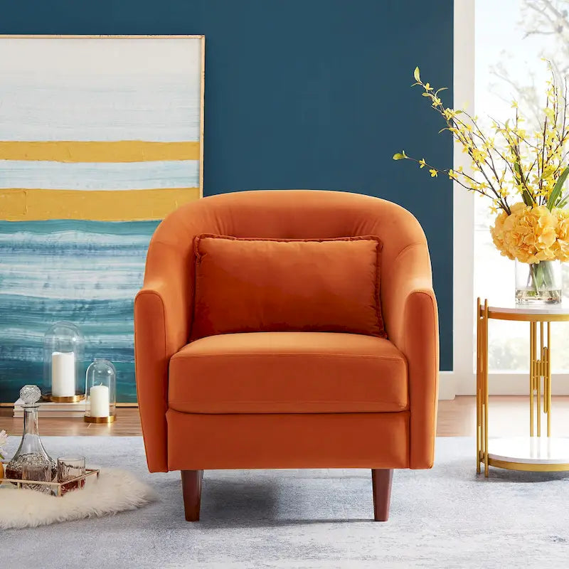 28.34 in. Velvet Barrel Accent Armchair with Solid Wood Legs