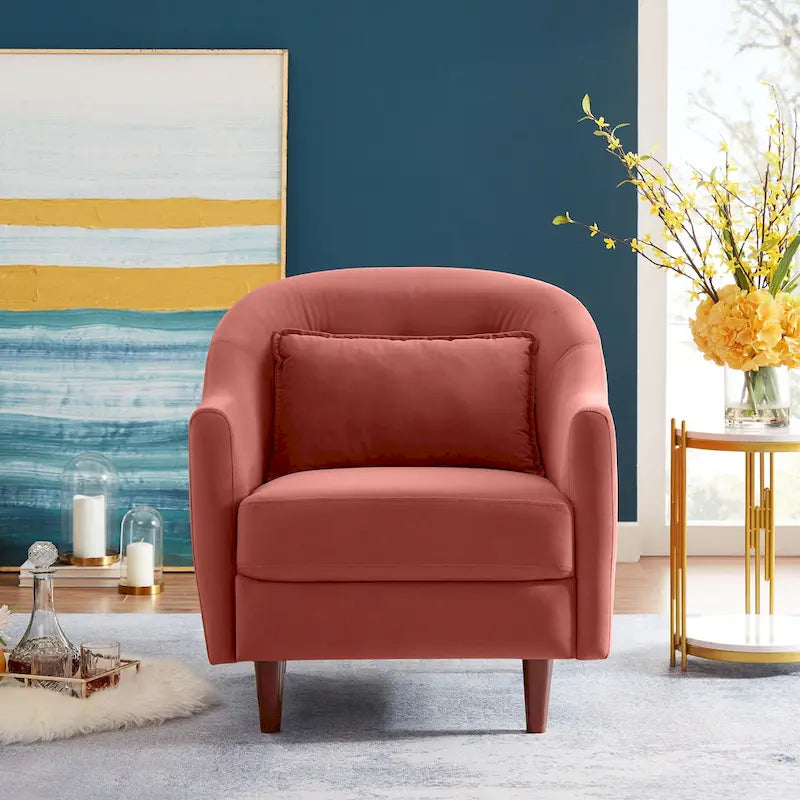 28.34 in. Velvet Barrel Accent Armchair with Solid Wood Legs