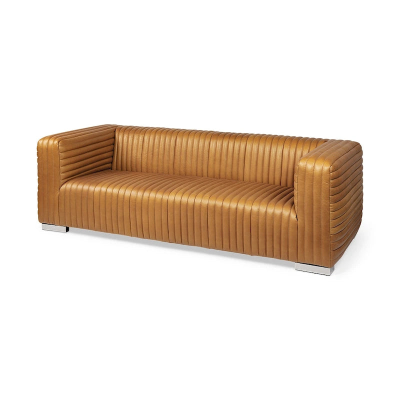 Cognac Leather Channel-Tufted Sofa with Chrome Legs, 86.6W in