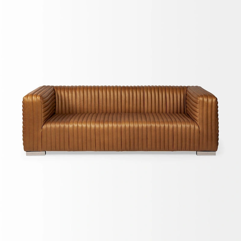 Cognac Leather Channel-Tufted Sofa with Chrome Legs, 86.6W in
