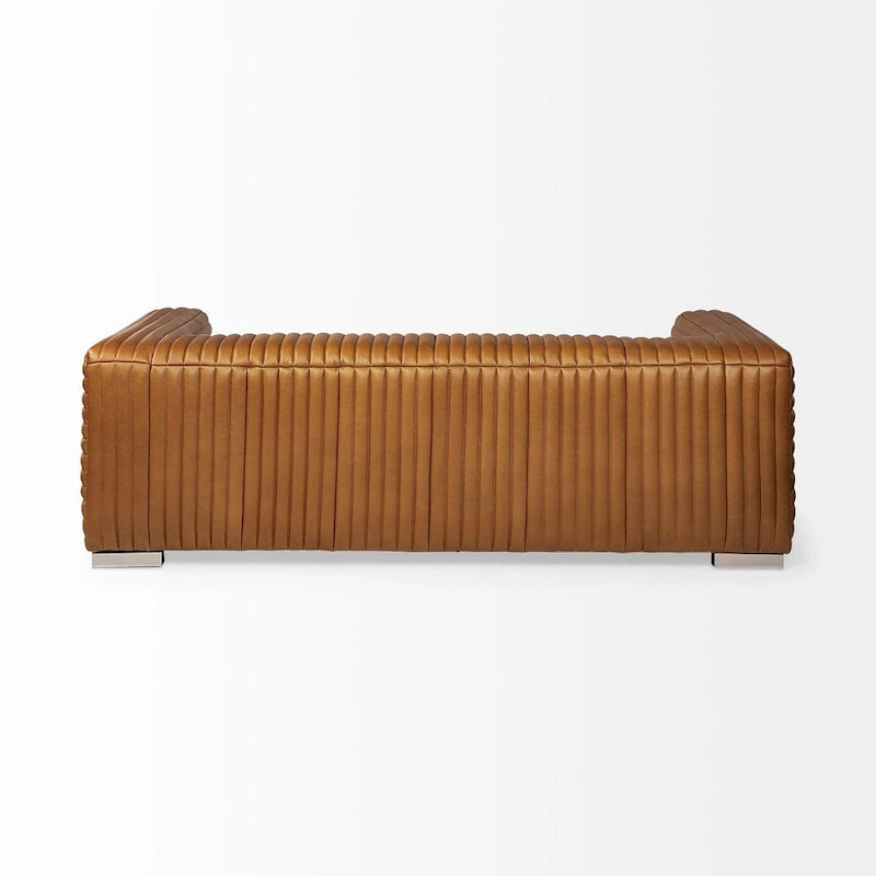 Cognac Leather Channel-Tufted Sofa with Chrome Legs, 86.6W in