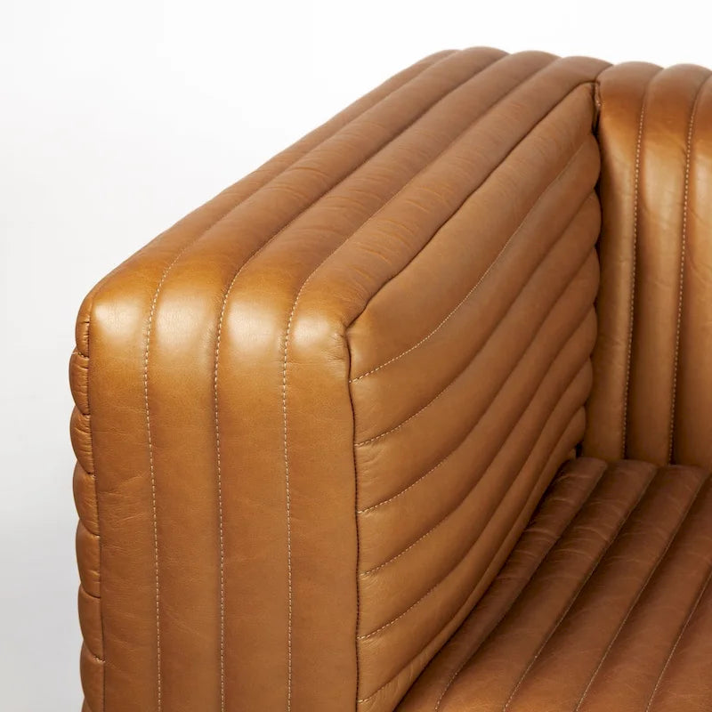 Cognac Leather Channel-Tufted Sofa with Chrome Legs, 86.6W in