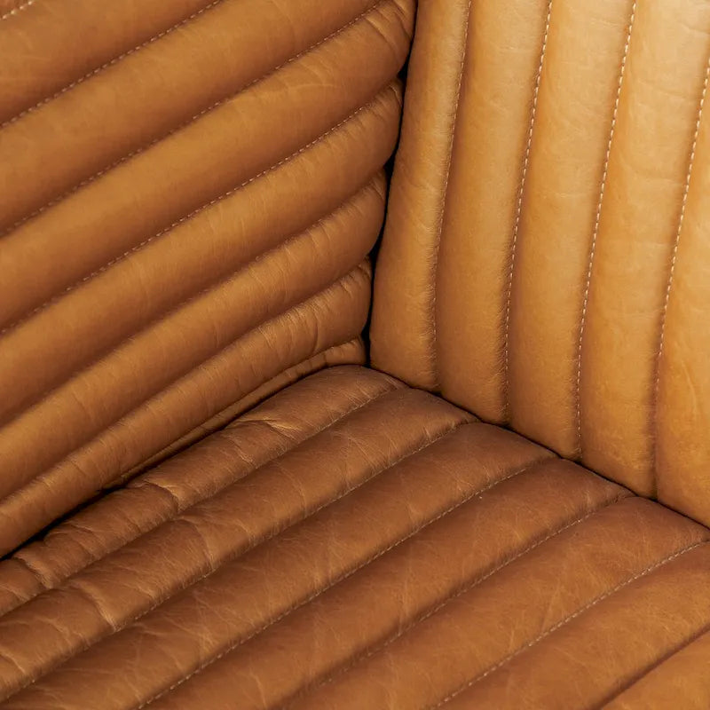Cognac Leather Channel-Tufted Sofa with Chrome Legs, 86.6W in