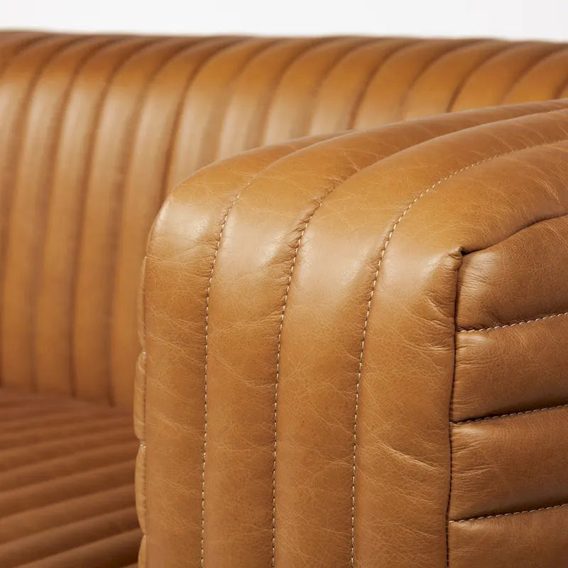 Cognac Leather Channel-Tufted Sofa with Chrome Legs, 86.6W in