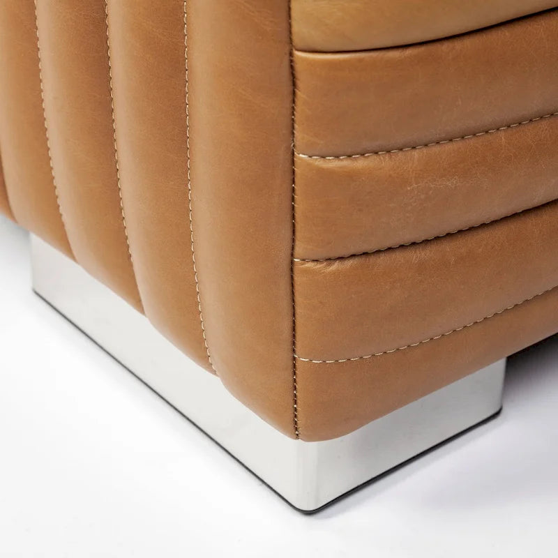 Cognac Leather Channel-Tufted Sofa with Chrome Legs, 86.6W in
