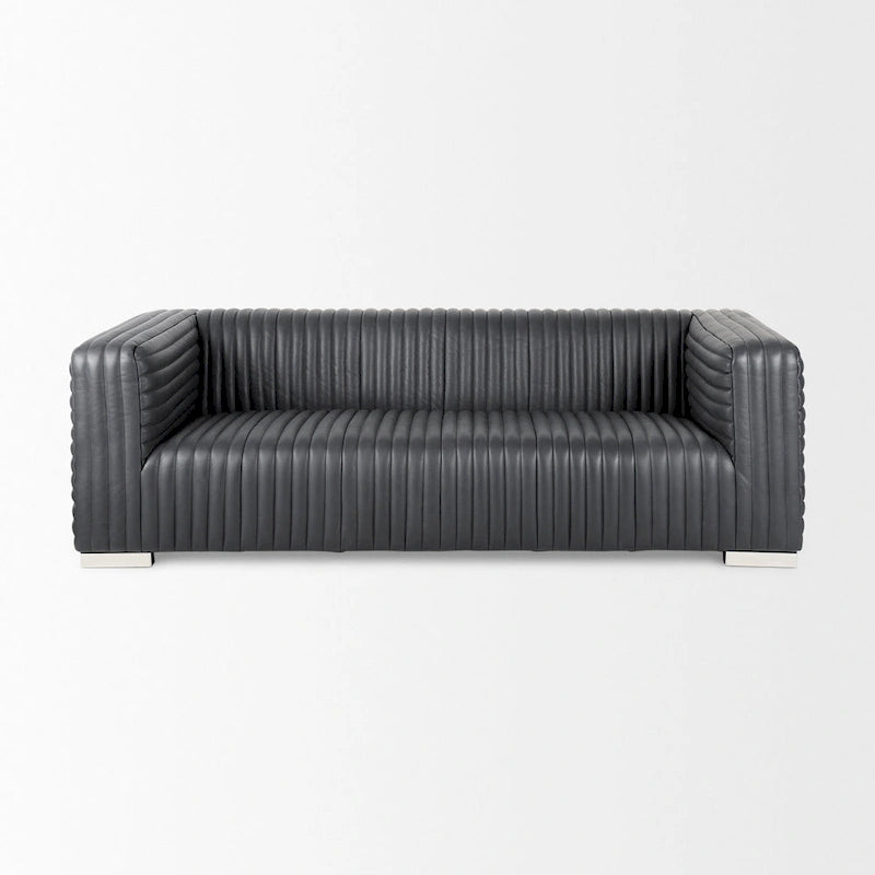 Cognac Leather Channel-Tufted Sofa with Chrome Legs, 86.6W in