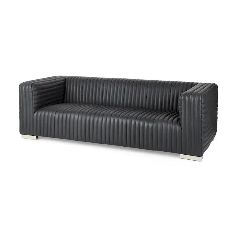 Cognac Leather Channel-Tufted Sofa with Chrome Legs, 86.6W in
