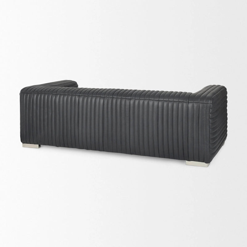 Cognac Leather Channel-Tufted Sofa with Chrome Legs, 86.6W in